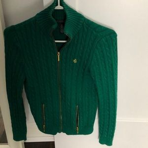 Emerald green Ralph Lauren cardigan with gold detail